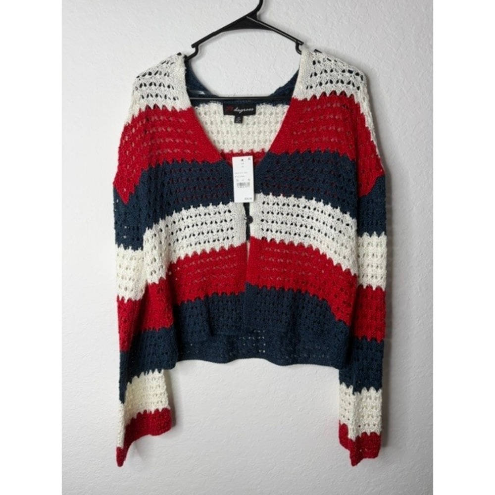 33 Degrees Womens Red White Blue Striped Open Knit Cropped Cardigan Sweater M
